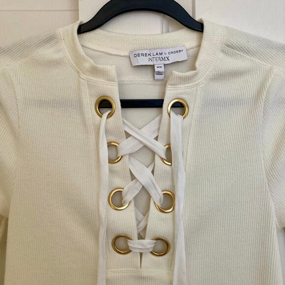 Derek Lam 10 Crosby Intermix sweater, Womens medum ribbed Lace-Up Ivory pullover - Picture 2 of 8